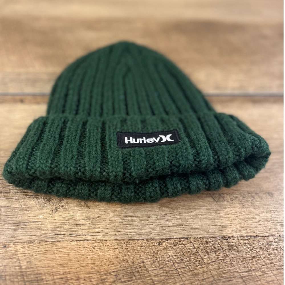 Hurley Mens Ribbed Knit Cuffed Beanie Forest Green Logo Patch